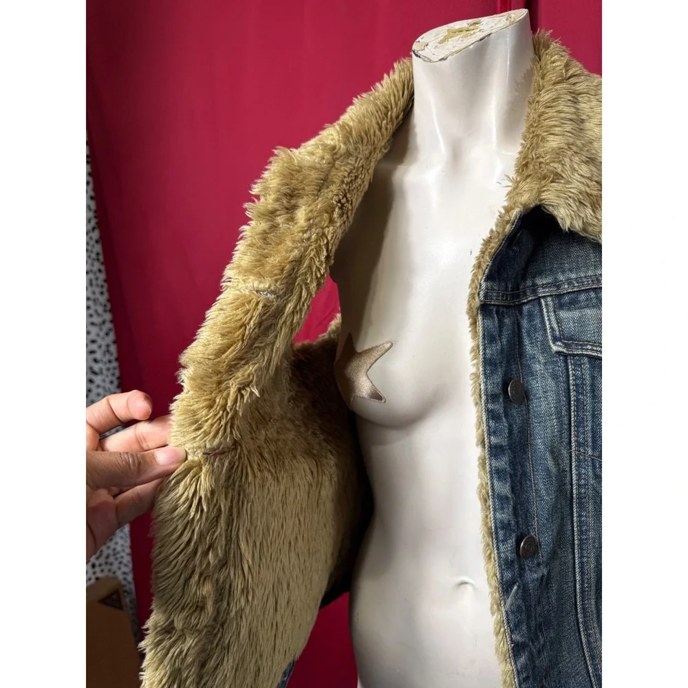 Y2K Gap Vintage 90s Denim Faux Fur Lined Vest Blue Medium